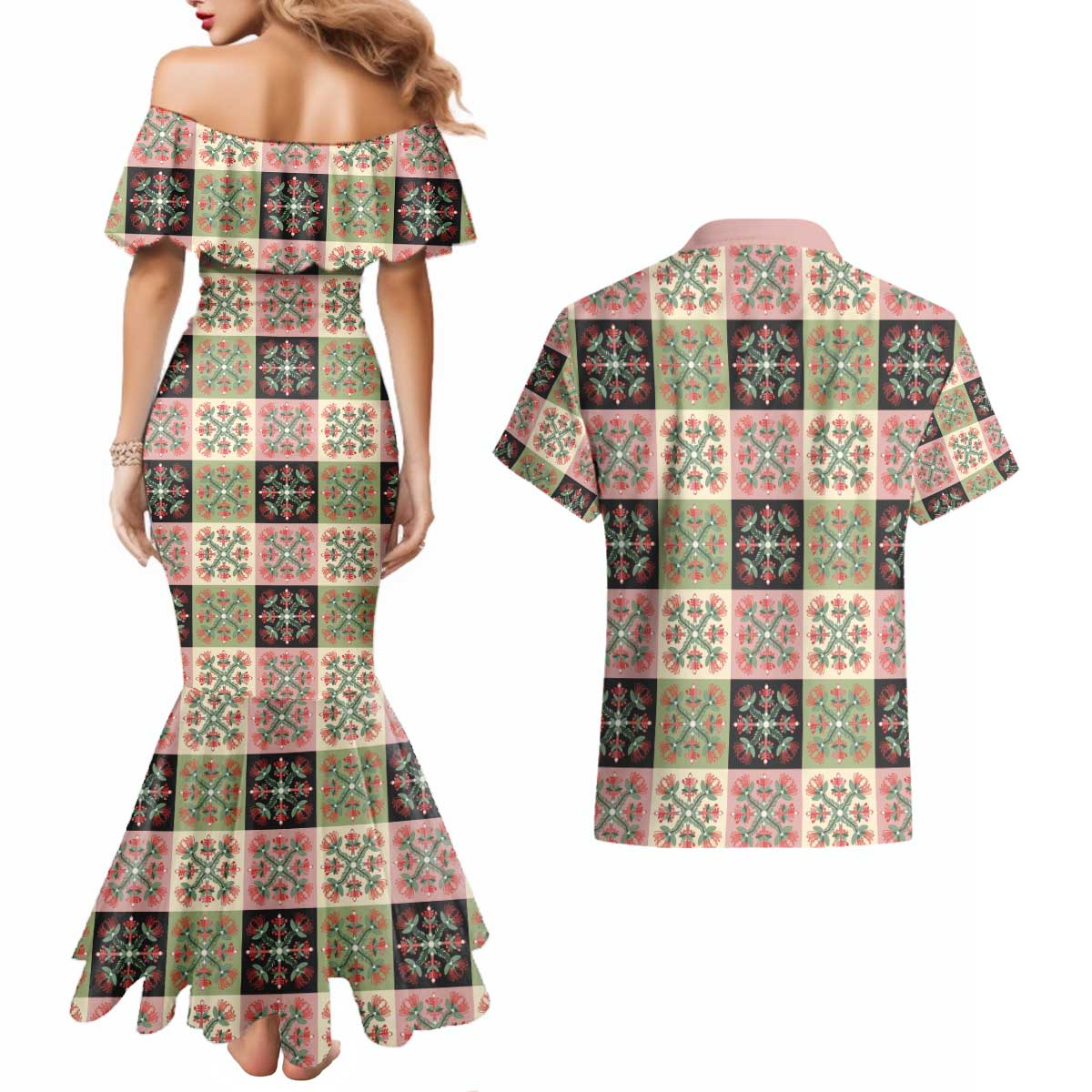 Seamless Pattern Pikake Lei Couples Matching Mermaid Dress and Hawaiian Shirt Floral Squares Pikake - Polynesian Pride
