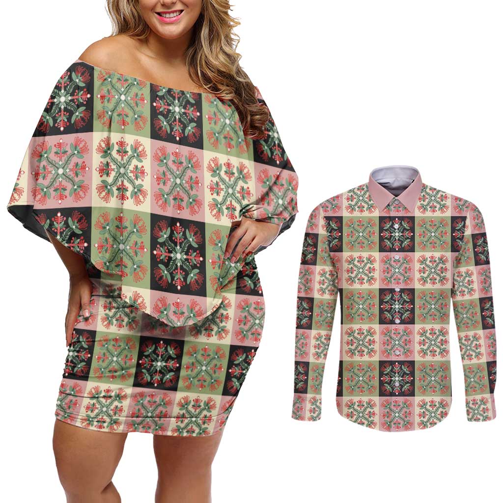 Seamless Pattern Pikake Lei Couples Matching Off Shoulder Short Dress and Long Sleeve Button Shirt Floral Squares Pikake - Polynesian Pride