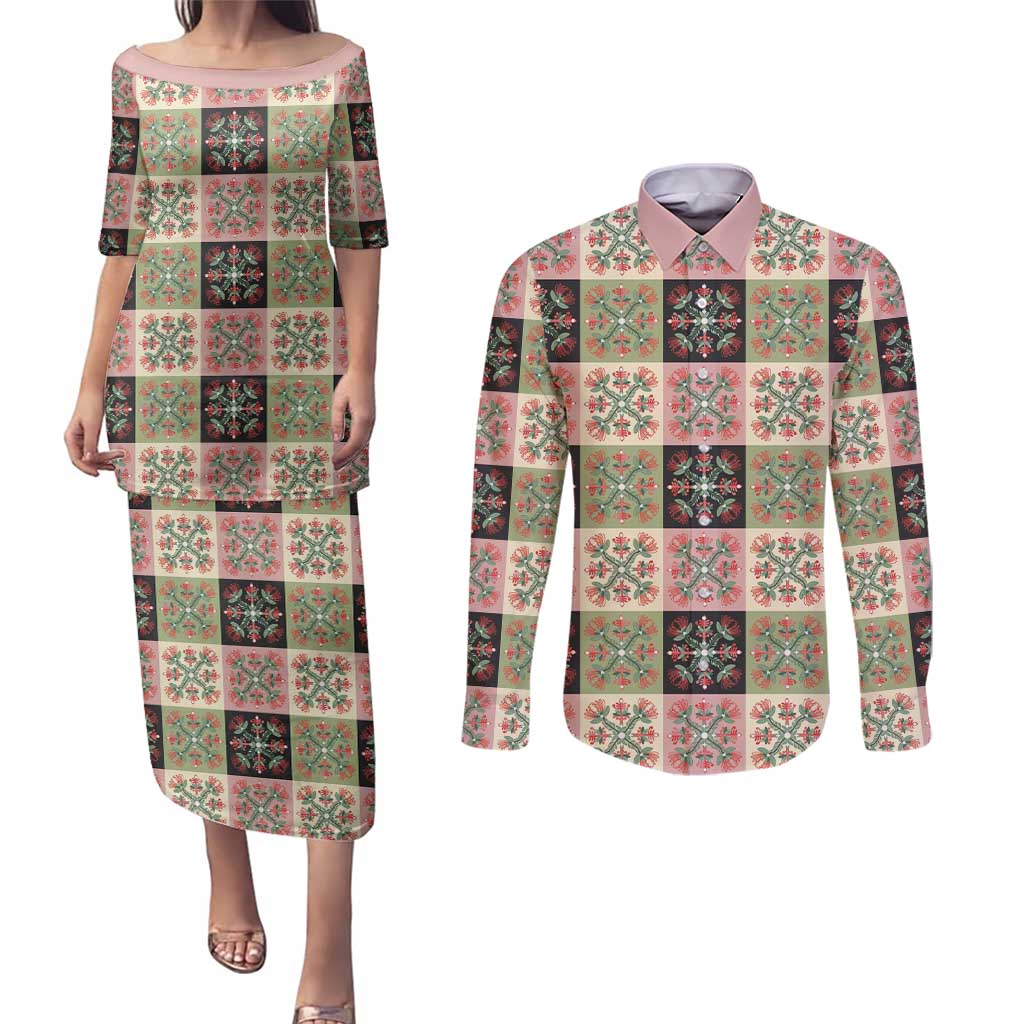 Seamless Pattern Pikake Lei Couples Matching Puletasi and Long Sleeve Button Shirt Floral Squares Pikake - Polynesian Pride