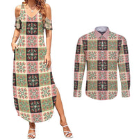 Seamless Pattern Pikake Lei Couples Matching Summer Maxi Dress and Long Sleeve Button Shirt Floral Squares Pikake - Polynesian Pride
