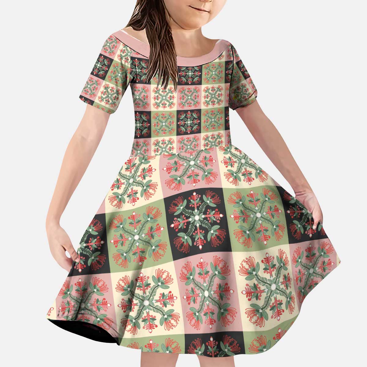 Seamless Pattern Pikake Lei Kid Short Sleeve Dress Floral Squares Pikake - Polynesian Pride