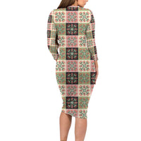 Seamless Pattern Pikake Lei Long Sleeve Bodycon Dress Floral Squares Pikake - Polynesian Pride