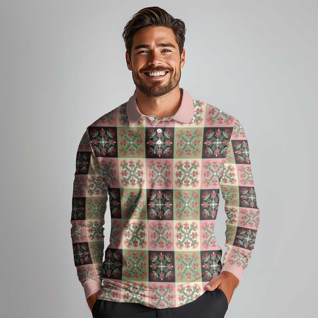 Seamless Pattern Pikake Lei Long Sleeve Polo Shirt Floral Squares Pikake - Polynesian Pride