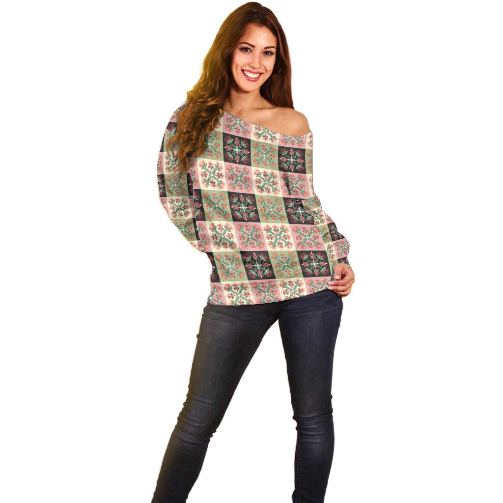 Seamless Pattern Pikake Lei Off Shoulder Sweater Floral Squares Pikake - Polynesian Pride