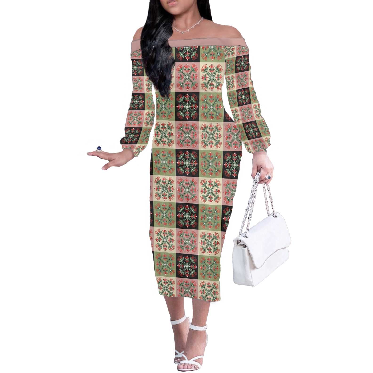 Seamless Pattern Pikake Lei Off The Shoulder Long Sleeve Dress Floral Squares Pikake - Polynesian Pride