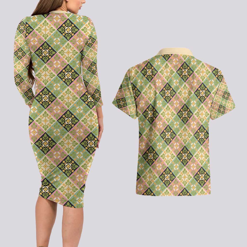Seamless Pattern Puakenikeni and Kalo Couples Matching Long Sleeve Bodycon Dress and Hawaiian Shirt - Polynesian Pride