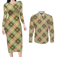 Seamless Pattern Puakenikeni and Kalo Couples Matching Long Sleeve Bodycon Dress and Long Sleeve Button Shirt LT9 Beige - Polynesian Pride