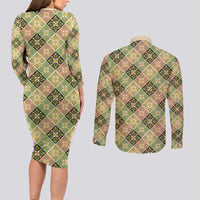 Seamless Pattern Puakenikeni and Kalo Couples Matching Long Sleeve Bodycon Dress and Long Sleeve Button Shirt LT9 - Polynesian Pride