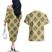 Seamless Pattern Puakenikeni and Kalo Couples Matching Off The Shoulder Long Sleeve Dress and Hawaiian Shirt - Polynesian Pride