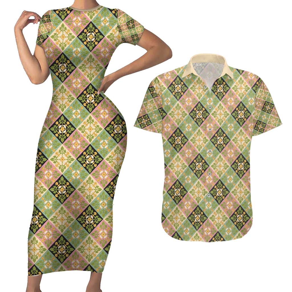 Seamless Pattern Puakenikeni and Kalo Couples Matching Short Sleeve Bodycon Dress and Hawaiian Shirt - Polynesian Pride