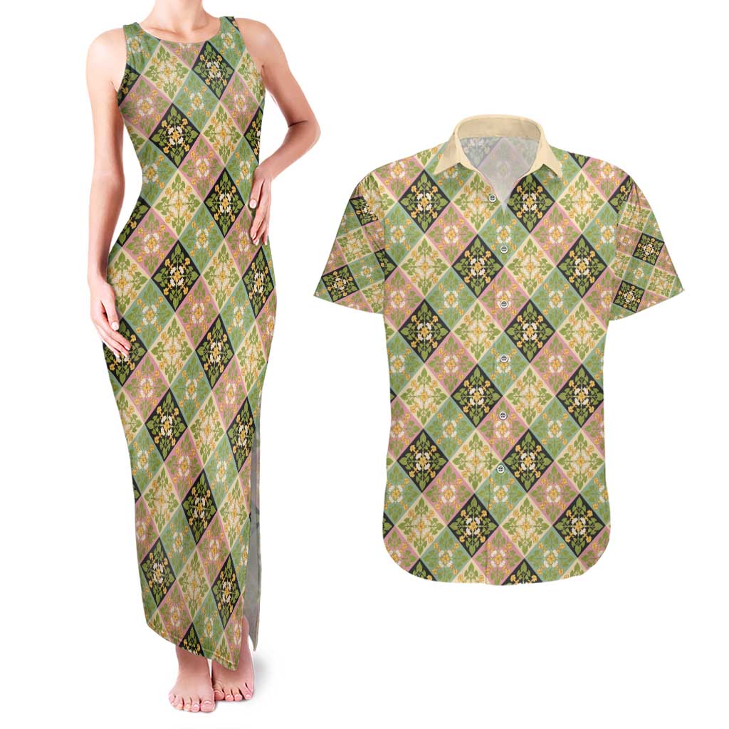 Seamless Pattern Puakenikeni and Kalo Couples Matching Tank Maxi Dress and Hawaiian Shirt - Polynesian Pride