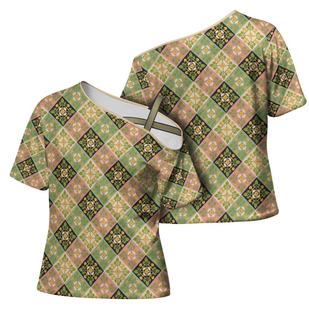 Seamless Pattern Puakenikeni and Kalo Cross Shoulder Shirt - Polynesian Pride