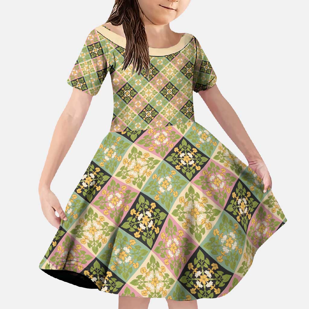 Seamless Pattern Puakenikeni and Kalo Family Matching Long Sleeve Bodycon Dress and Hawaiian Shirt LT9 Daughter's Dress Beige - Polynesian Pride