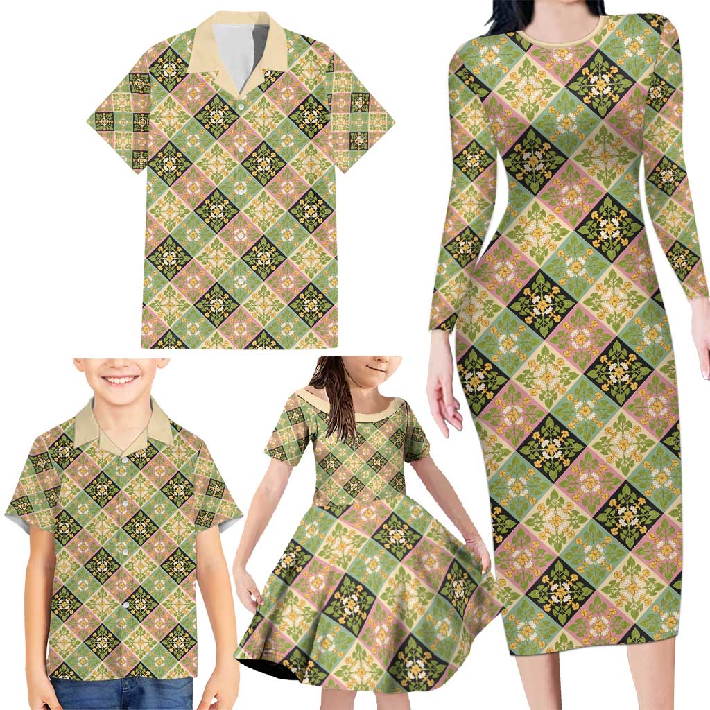 Seamless Pattern Puakenikeni and Kalo Family Matching Long Sleeve Bodycon Dress and Hawaiian Shirt - Polynesian Pride