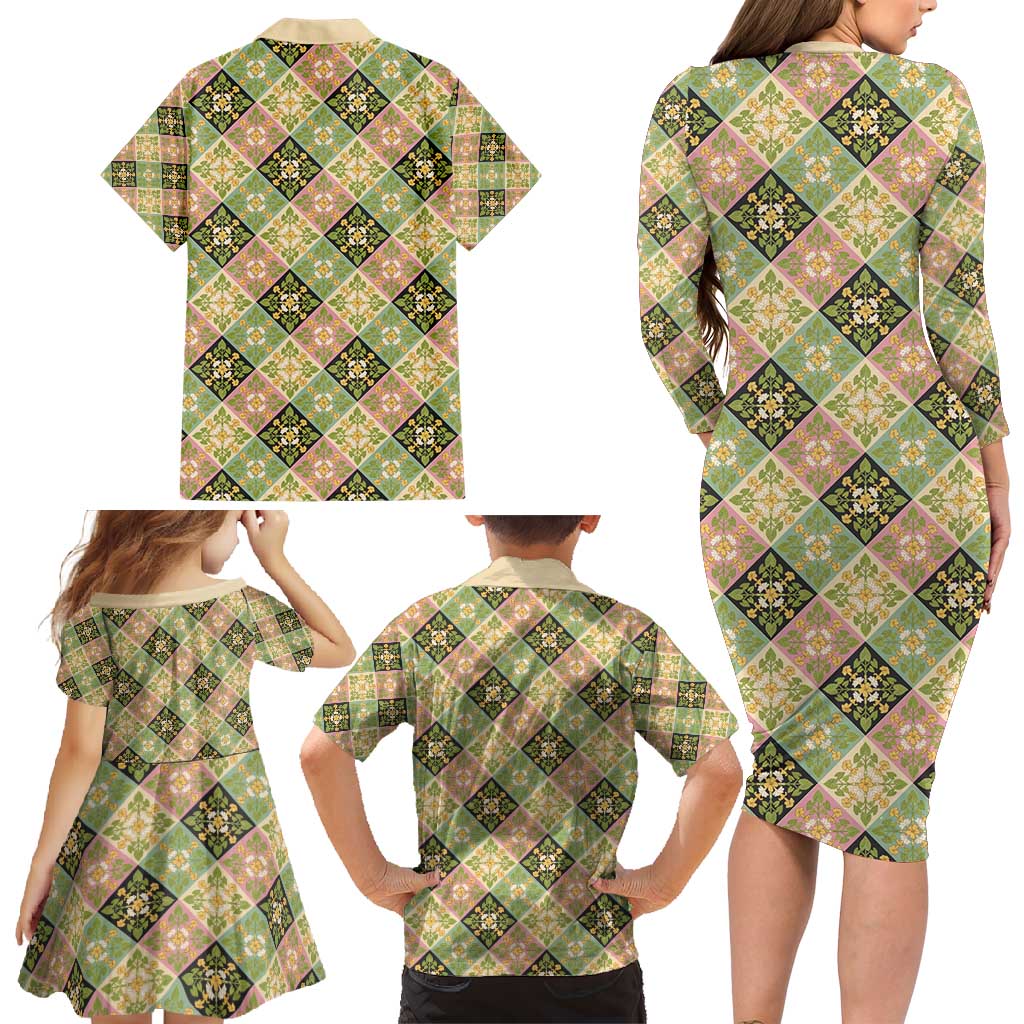 Seamless Pattern Puakenikeni and Kalo Family Matching Long Sleeve Bodycon Dress and Hawaiian Shirt LT9 - Polynesian Pride