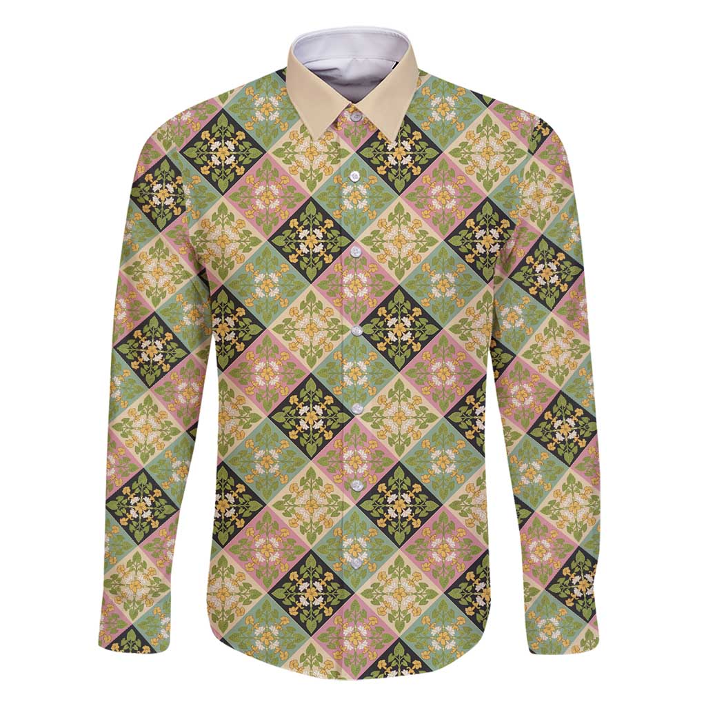 Seamless Pattern Puakenikeni and Kalo Family Matching Long Sleeve Bodycon Dress and Hawaiian Shirt LT9 Dad's Shirt - Long Sleeve Beige - Polynesian Pride