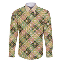 Seamless Pattern Puakenikeni and Kalo Family Matching Long Sleeve Bodycon Dress and Hawaiian Shirt LT9 Dad's Shirt - Long Sleeve Beige - Polynesian Pride