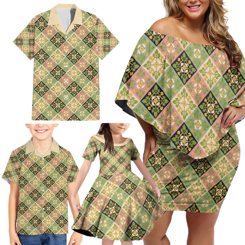 Seamless Pattern Puakenikeni and Kalo Family Matching Off Shoulder Short Dress and Hawaiian Shirt - Polynesian Pride