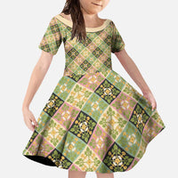 Seamless Pattern Puakenikeni and Kalo Family Matching Short Sleeve Bodycon Dress and Hawaiian Shirt LT9 Daughter's Dress Beige - Polynesian Pride