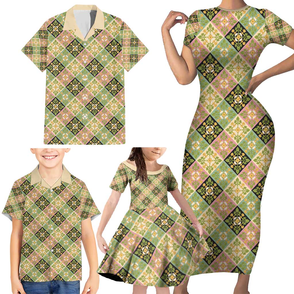 Seamless Pattern Puakenikeni and Kalo Family Matching Short Sleeve Bodycon Dress and Hawaiian Shirt - Polynesian Pride