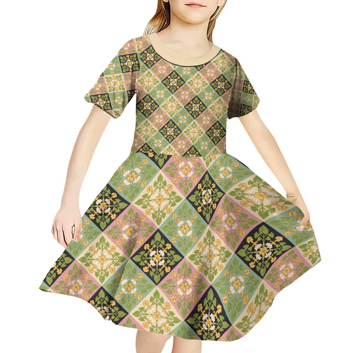 Seamless Pattern Puakenikeni and Kalo Kid Short Sleeve Dress - Polynesian Pride