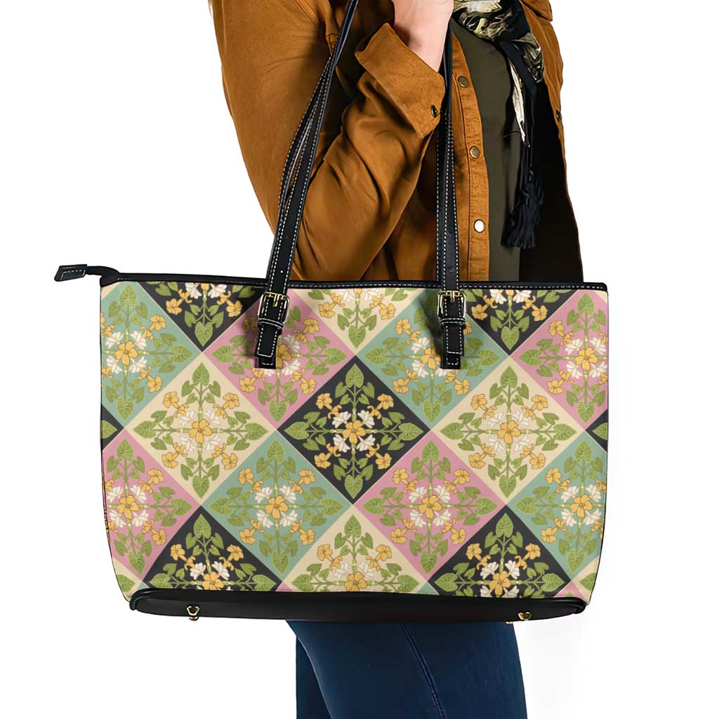 Seamless Pattern Puakenikeni and Kalo Leather Tote Bag - Polynesian Pride