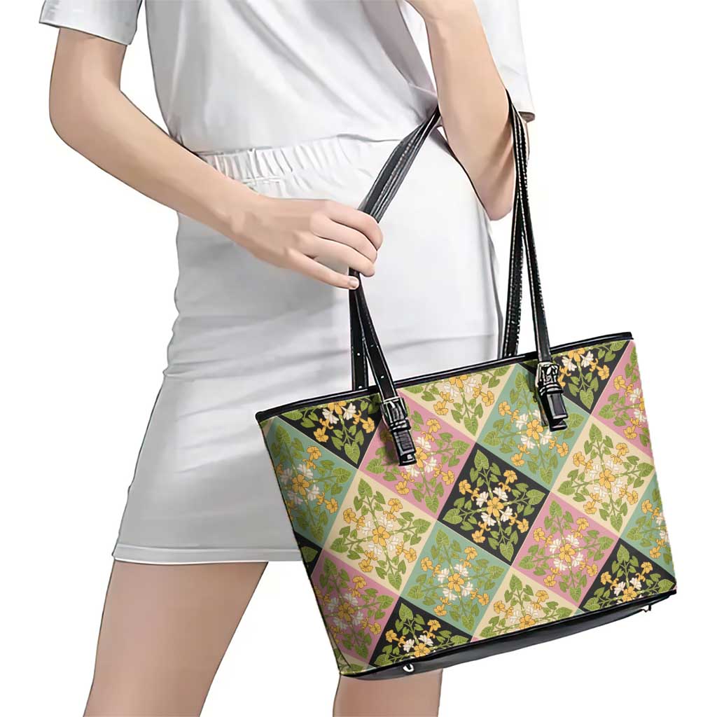 Seamless Pattern Puakenikeni and Kalo Leather Tote Bag - Polynesian Pride