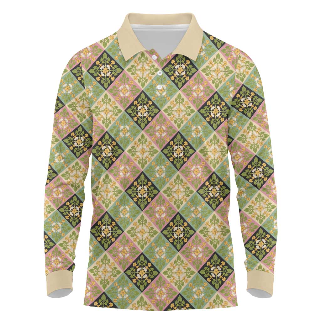 Seamless Pattern Puakenikeni and Kalo Long Sleeve Polo Shirt - Polynesian Pride