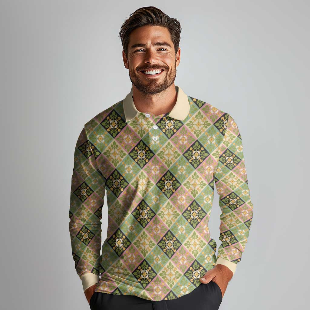Seamless Pattern Puakenikeni and Kalo Long Sleeve Polo Shirt - Polynesian Pride