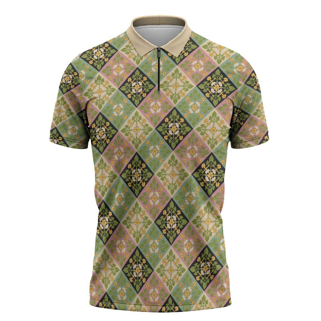 Seamless Pattern Puakenikeni and Kalo Zipper Polo Shirt - Polynesian Pride