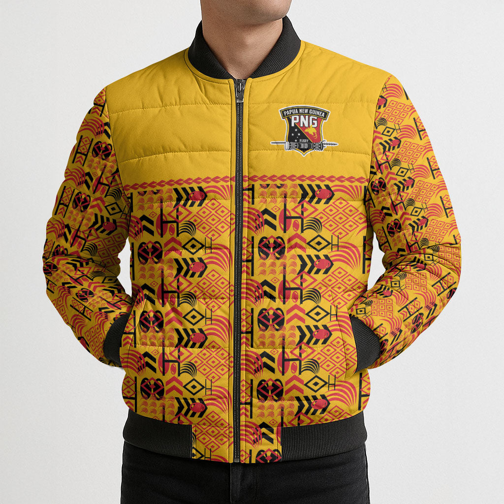 Papua New Guinea Kumuls Bomber Puffer Jacket Bird of Paradise Gold Version LT9 - Polynesian Pride