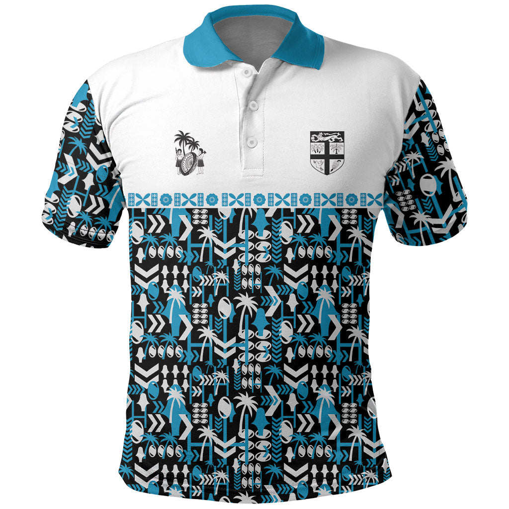 Fiji Bati Polo Shirt Bati Island Warrior Geometry LT9 Blue - Polynesian Pride