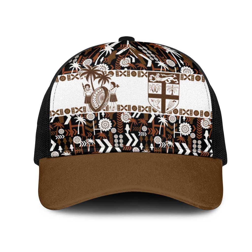 Fiji Bati Mesh Trucker Cap Masi-inspired Tapa Pattern LT9 One Size Black Brown - Polynesian Pride