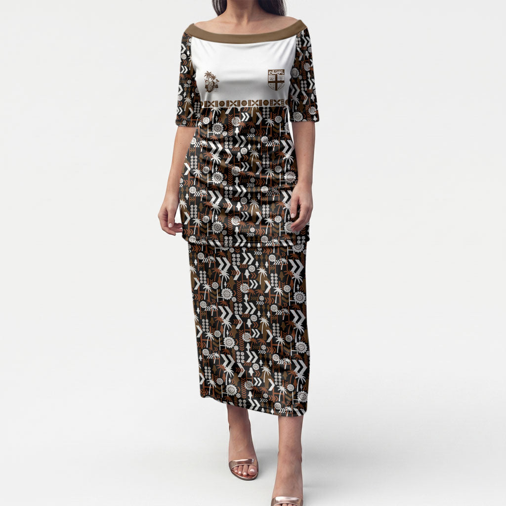 Fiji Bati Puletasi Masi-inspired Tapa Pattern LT9 Long Dress Brown - Polynesian Pride