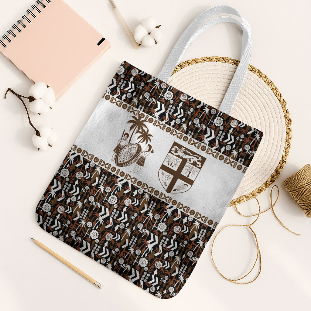 Fiji Bati Tote Bag Masi-inspired Tapa Pattern LT9 White Strap One Size Brown - Polynesian Pride