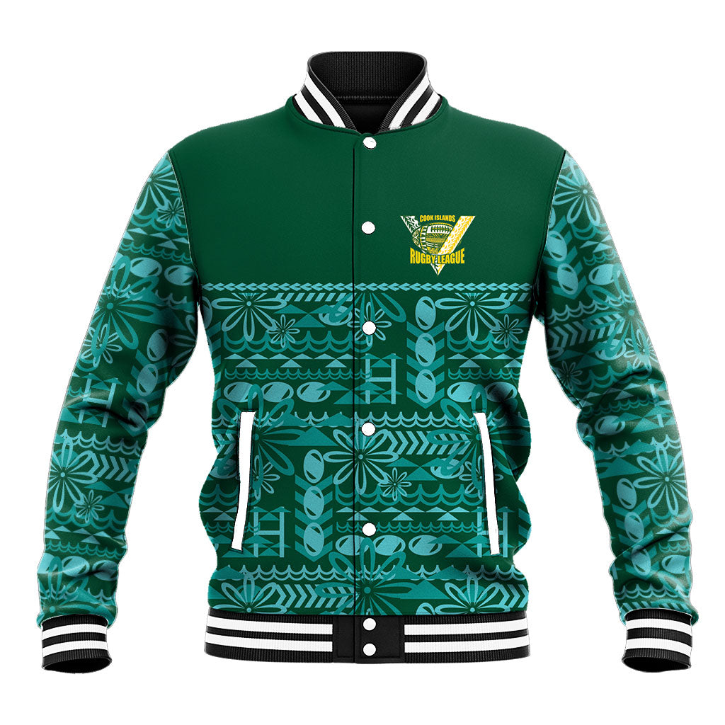 Cook Islands Island Floral Baseball Jacket Teal Traditional Kuki's Geometric Pattern