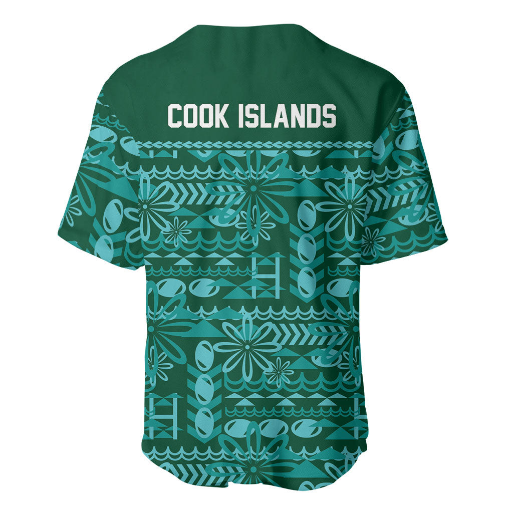 Cook Islands Island Floral Baseball Jersey Teal Traditional Kuki's Geometric Pattern LT9 - Polynesian Pride