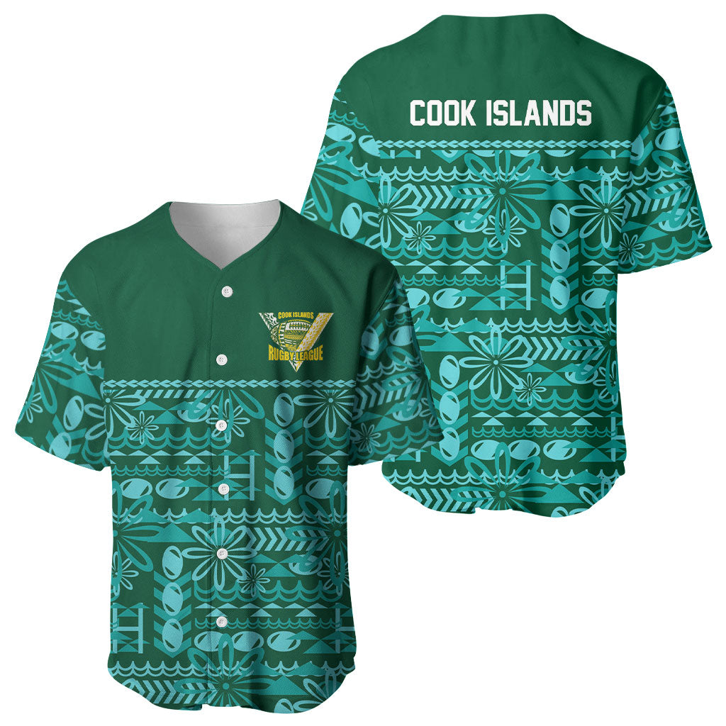 Cook Islands Island Floral Baseball Jersey Teal Traditional Kuki's Geometric Pattern LT9 - Polynesian Pride