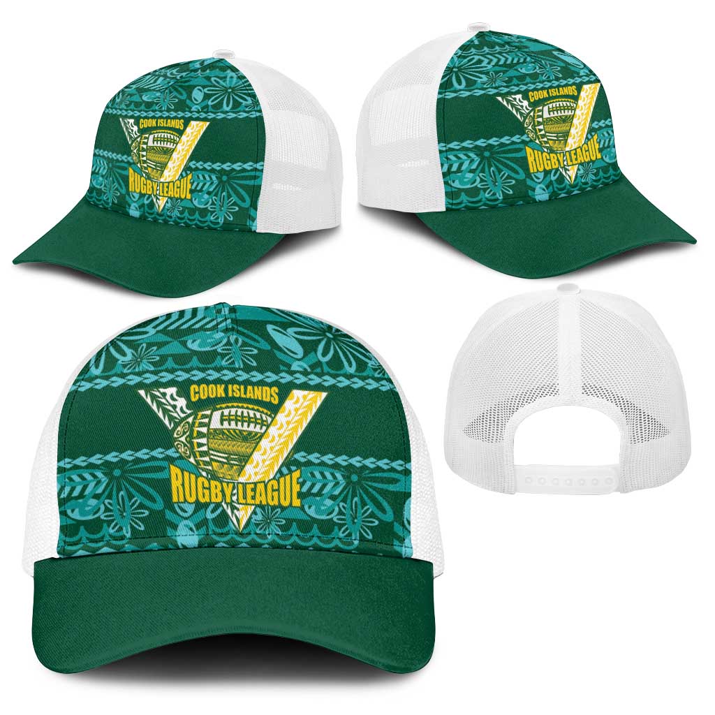 Cook Islands Island Floral Baseball Net Cap Teal Traditional Kuki's Geometric Pattern