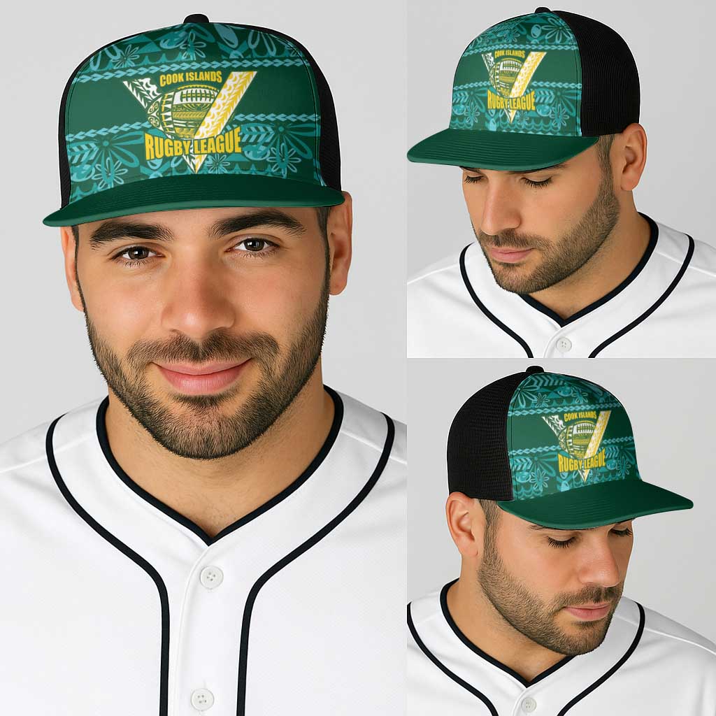 Cook Islands Island Floral Baseball Net Cap Teal Traditional Kuki's Geometric Pattern