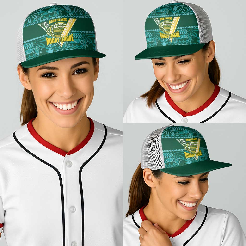 Cook Islands Island Floral Baseball Net Cap Teal Traditional Kuki's Geometric Pattern