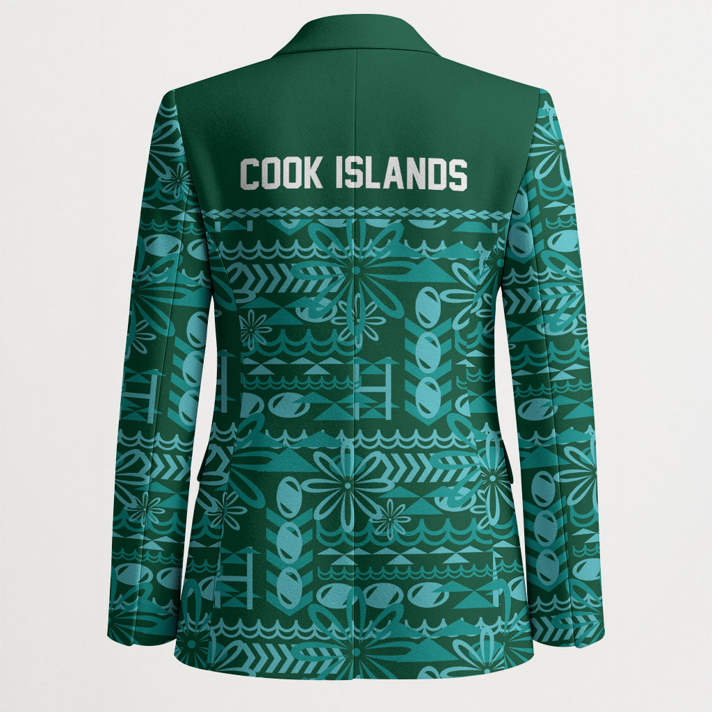 Cook Islands Island Floral Blazer Teal Traditional Kuki's Geometric Pattern