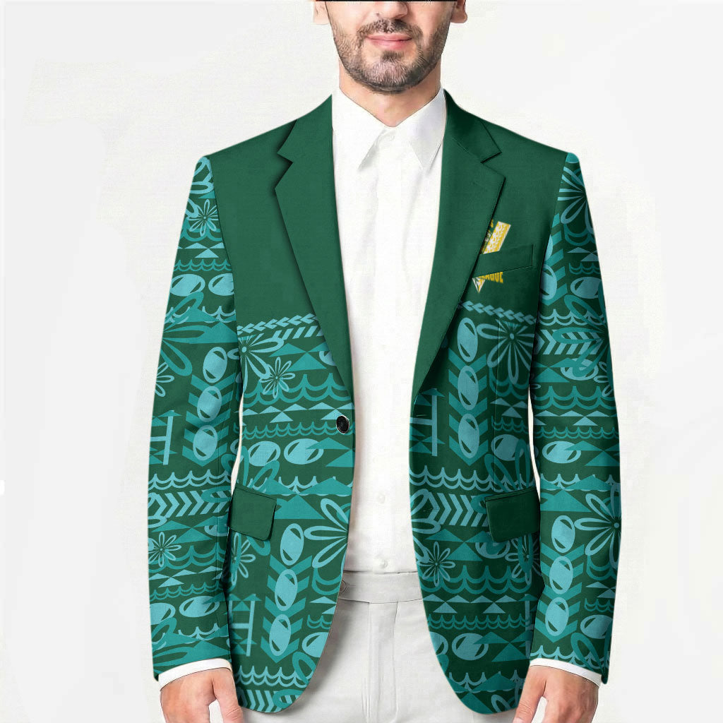 Cook Islands Island Floral Blazer Teal Traditional Kuki's Geometric Pattern