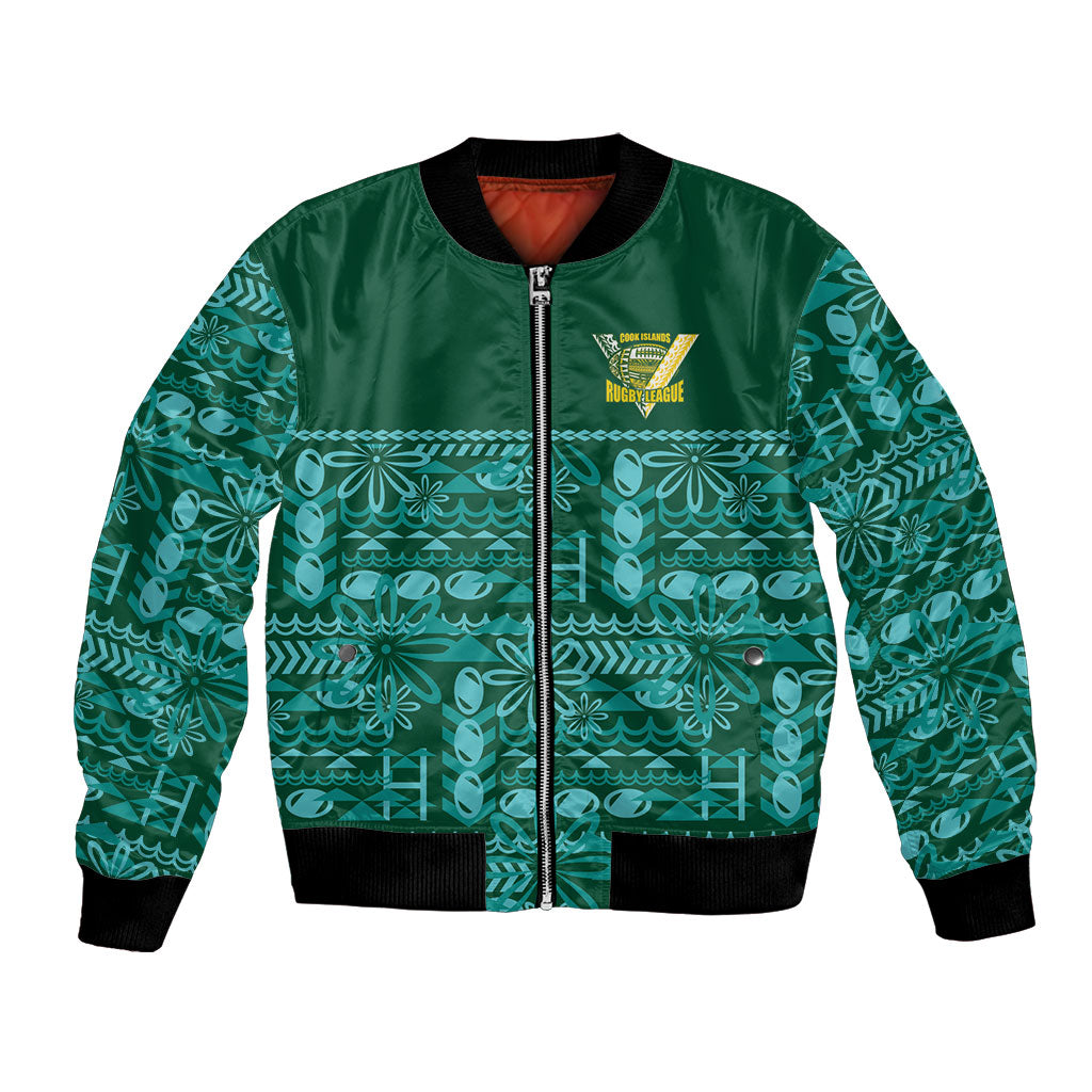 Cook Islands Island Floral Bomber Jacket Teal Traditional Kuki's Geometric Pattern