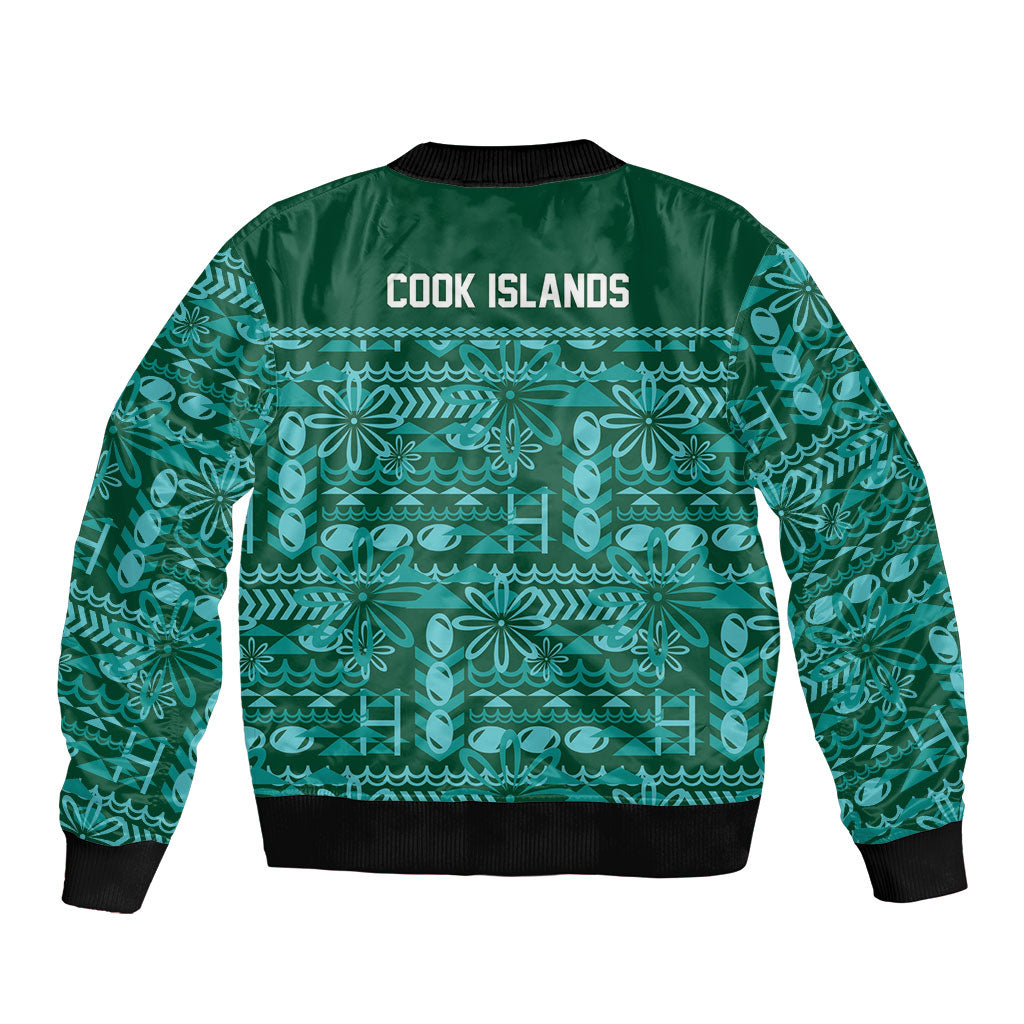 Cook Islands Island Floral Bomber Jacket Teal Traditional Kuki's Geometric Pattern