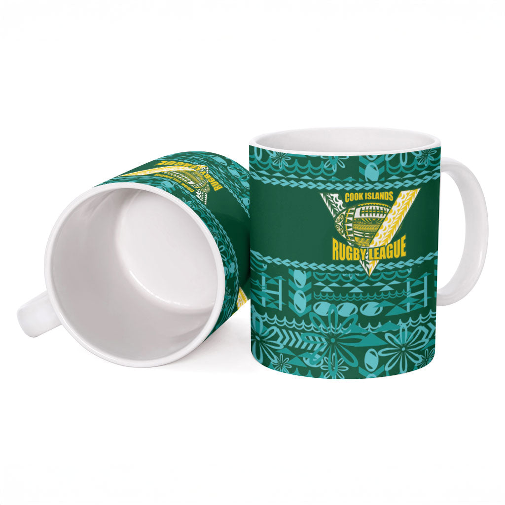 Cook Islands Island Floral Ceramic Mug Teal Traditional Kuki's Geometric Pattern