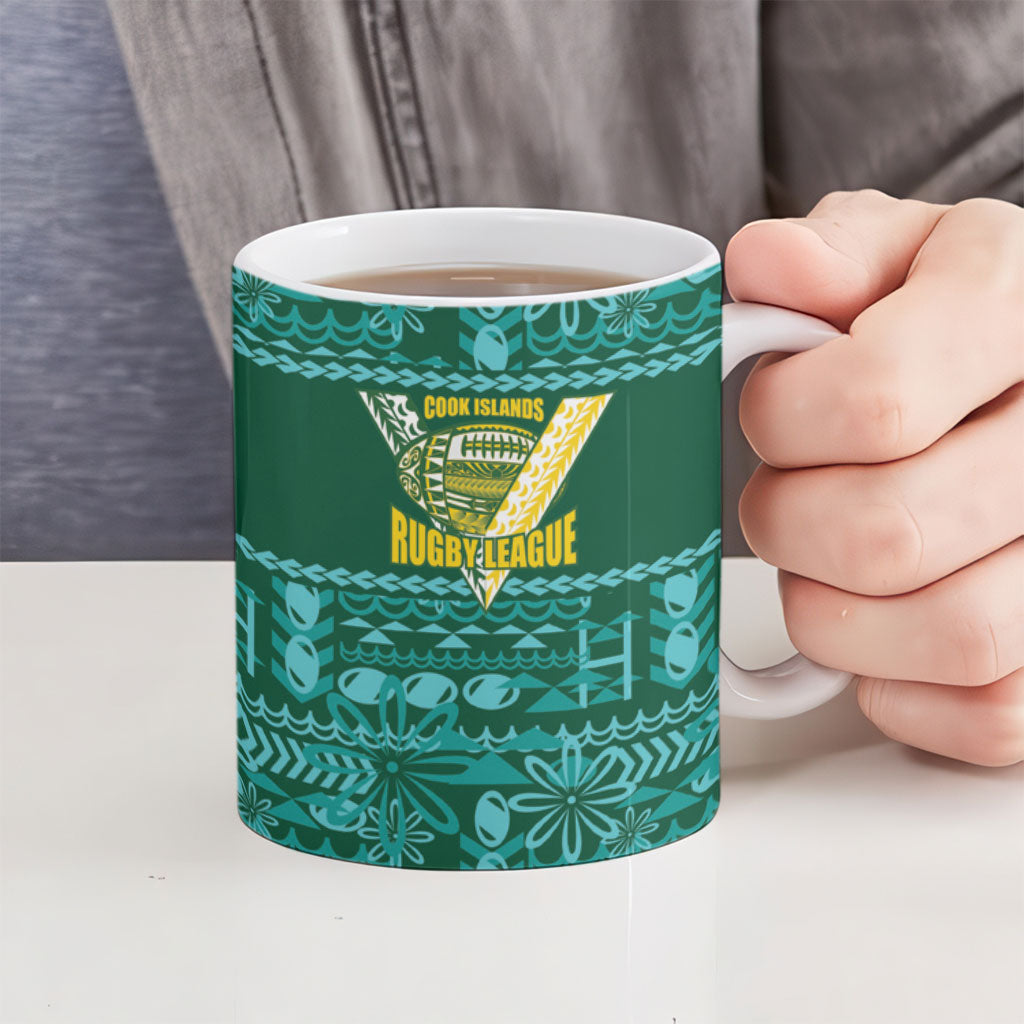 Cook Islands Island Floral Ceramic Mug Teal Traditional Kuki's Geometric Pattern