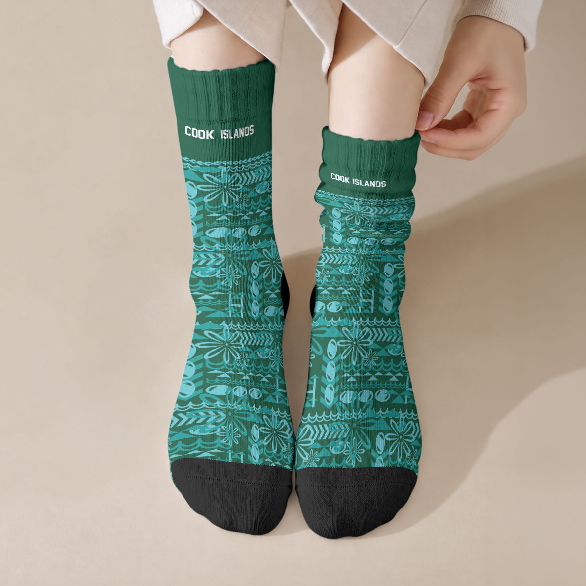 Cook Islands Island Floral Crew Socks Teal Traditional Kuki's Geometric Pattern