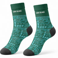 Cook Islands Island Floral Crew Socks Teal Traditional Kuki's Geometric Pattern