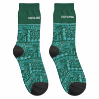 Cook Islands Island Floral Crew Socks Teal Traditional Kuki's Geometric Pattern